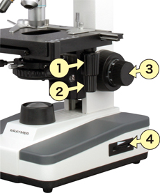 メカニカルステージ/粗微動同軸の焦点調整用/LED照明の明るさ調整のダイヤル